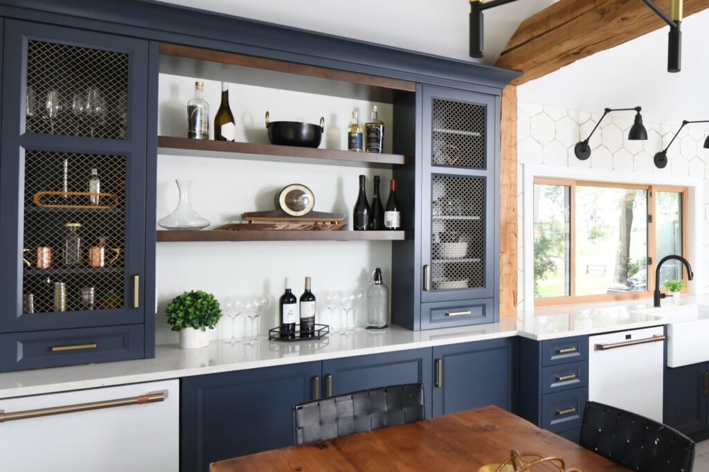 Kitchen cabinets with filler strips and end panels installed in a new home