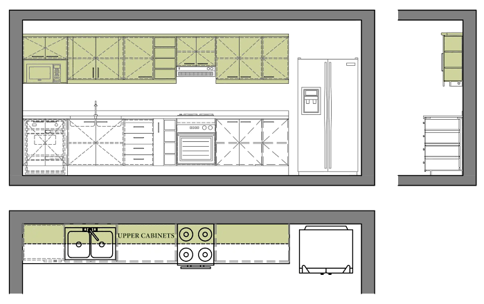 Floor plan drawings with cabinet layouts marked for several unit types