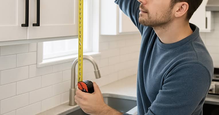 Worker measuring an existing kitchen wall before cabinet replacement