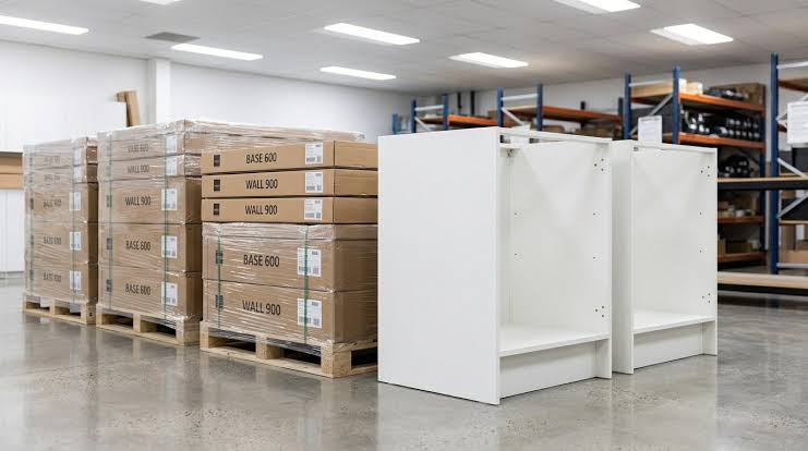 Flat pack cabinet cartons next to an assembled cabinet