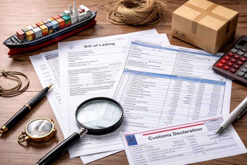 Stack of shipping and customs paperwork